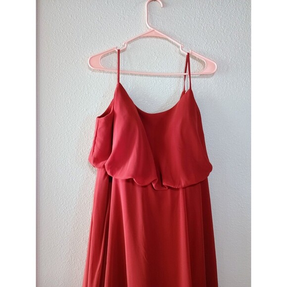 Azazie Bridesmaid Dress Red/Orange Skirt Side Slit Sleeveless Straps - Picture 3 of 9